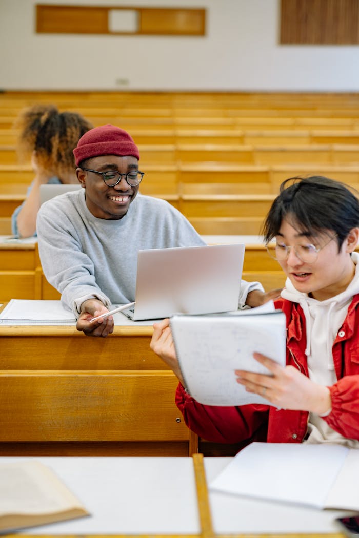 Students of diverse backgrounds studying together in a lecture hall, fostering a collaborative learning environment.
